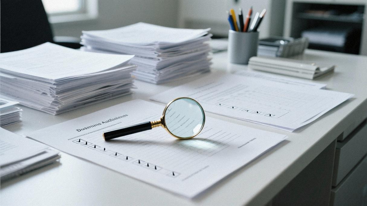 Illustration af en compliance audit med dokumenter, tjeklister og en forstørrelsesglas, der symboliserer detaljeret analyse.