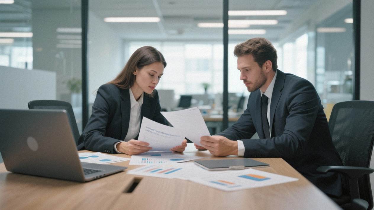 To personer, der samarbejder om dokumenter, symboliserer partnerskab inden for regulatorisk compliance.
